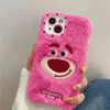 Plush Fluffy with Embroidery Strawberry Bear iPhone Case 11 12 13 14 15 16 Pro Promax Plus mini
