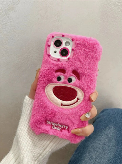 Plush Fluffy with Embroidery Strawberry Bear iPhone Case 11 12 13 14 15 Pro Promax