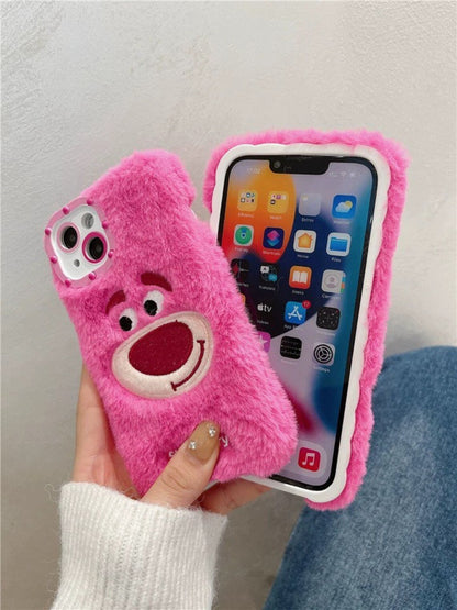 Plush Fluffy with Embroidery Strawberry Bear iPhone Case 11 12 13 14 15 Pro Promax