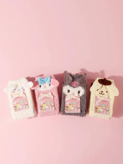 Sanrio My Melody Kuromi Cinnamoroll Pompompurin Embroidery Fluffy Soft Warm Home Sock Winter Accessories