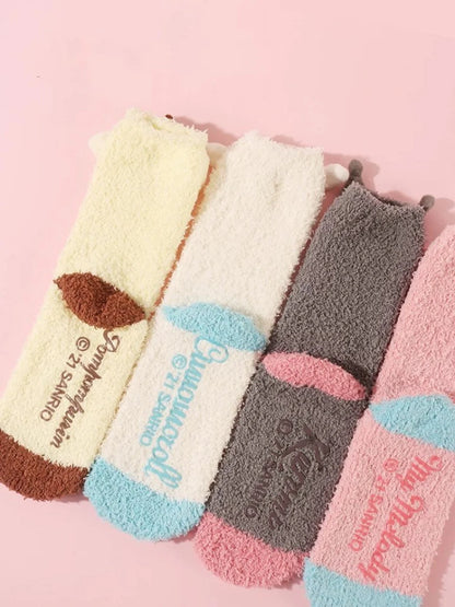 Sanrio My Melody Kuromi Cinnamoroll Pompompurin Embroidery Fluffy Soft Warm Home Sock Winter Accessories