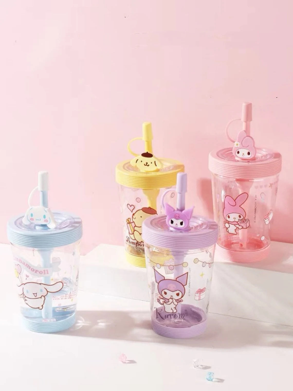 Kawaii Cartoon Melody Kuromi Cinnamoroll Kitty Glass Cup with Lid and Straw  Milk Juice Cup Children's Water Cup