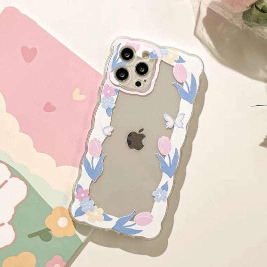 Tulip with Butterfly Frame iPhone Case iPhone 6 7 8 PLUS SE2 XS XR X 11 12 13 14 Pro Promax 12mini 13mini