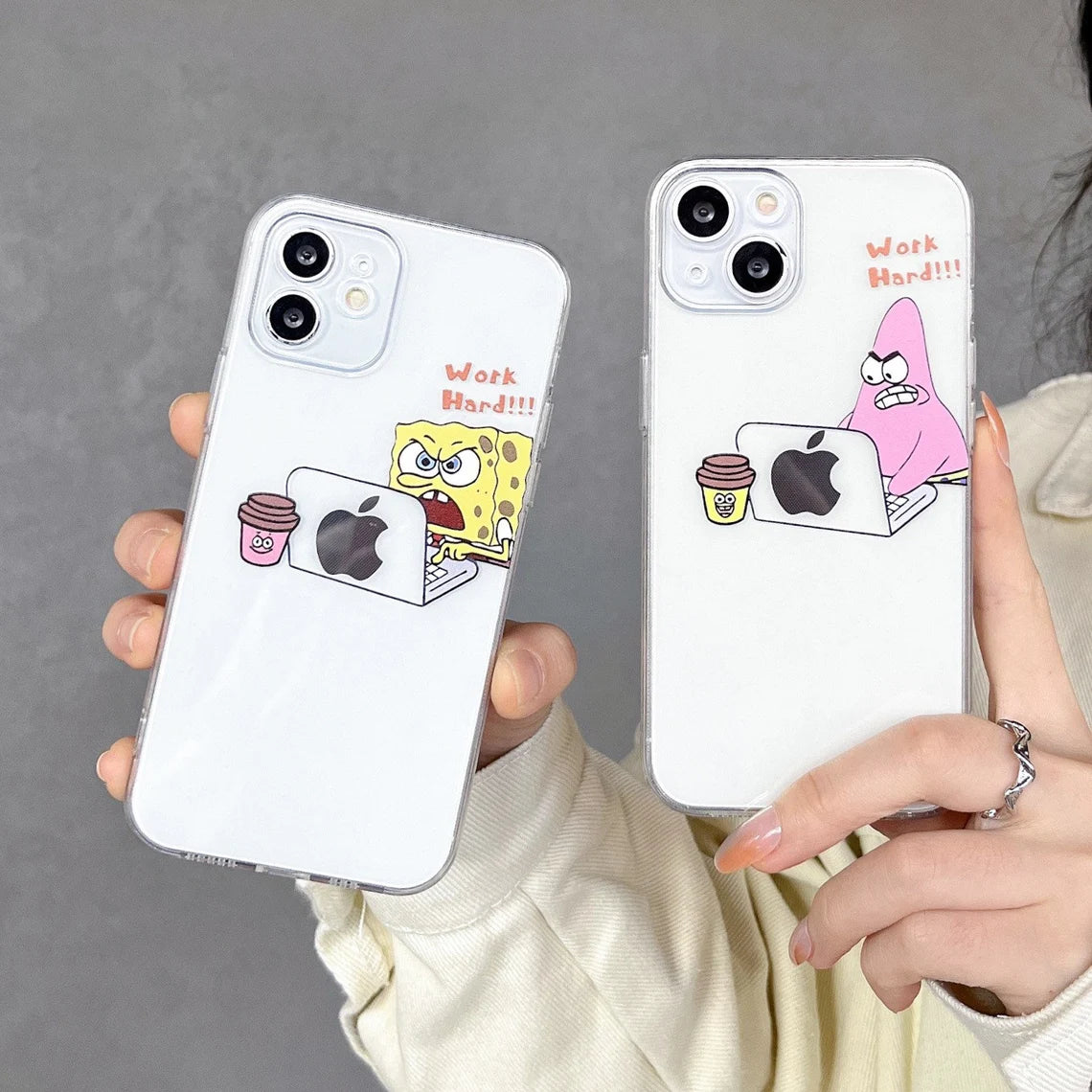 Cartoon Design Pink Yellow Sea Monster Sponge Star Working iPhone Case 6 7 8 PLUS SE2 XS XR X 11 12 13 14 15 Pro Promax 12mini 13mini
