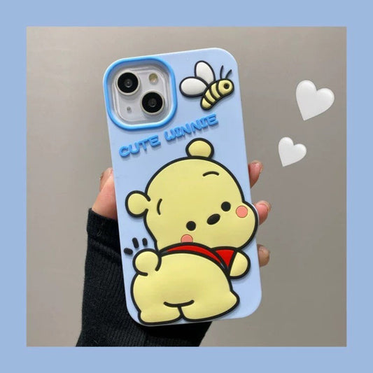 Big Cute Honey Bear Winnie with Bee Blue Soft iPhone Case 11 12 13 14 15 Pro Promax