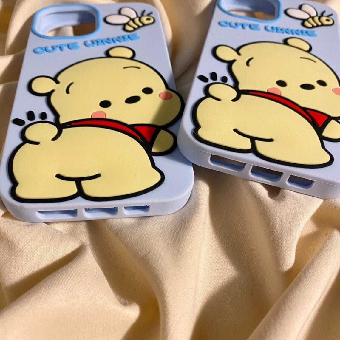 Big Cute Honey Bear Winnie with Bee Blue Soft iPhone Case 11 12 13 14 15 Pro Promax